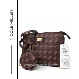 MSRP $50 ✨NWT Nicole Miller Brown Logo Crossbody Bag with Pouch | Gold Hardware✨